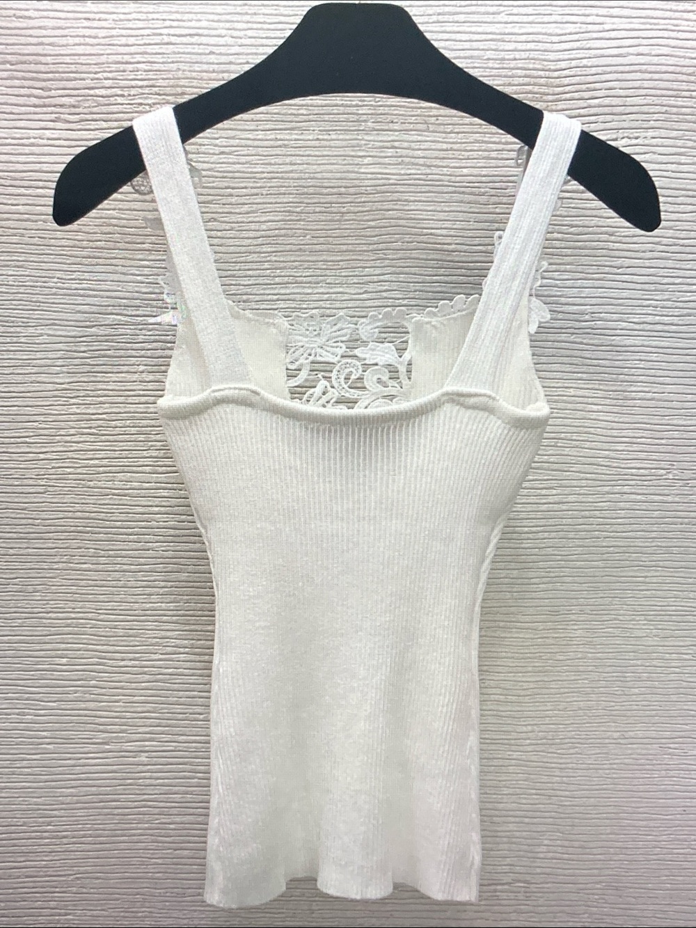 White Ribbed Lace-Trim Tank Top
